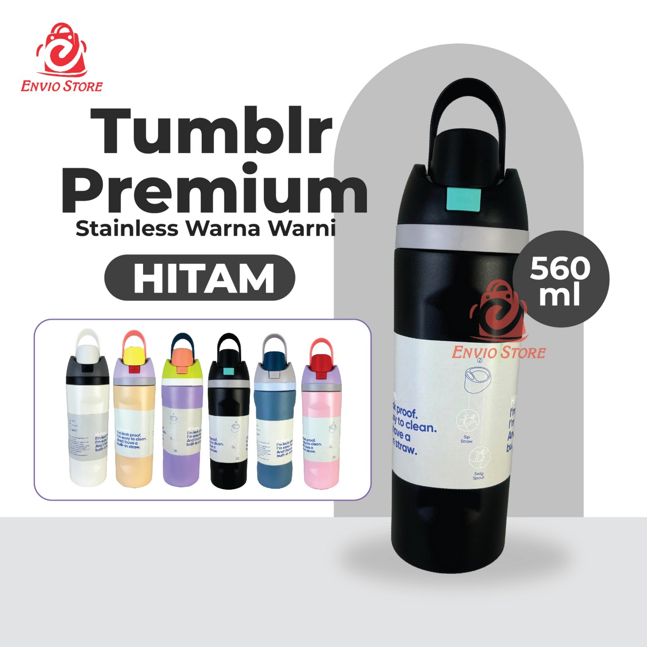Tumblr Premium Stainless Warna Warni 560ml (2376) - HITAM (Botol Tahan Panas Dingin)