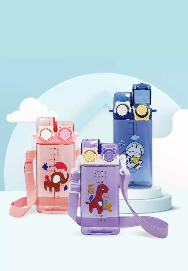 Botol Minum Karakter Tutup 2in1 580ml - ABU / PUTIH (Free Tali)
