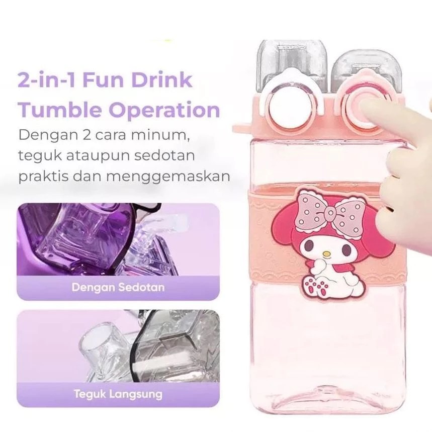 Botol Minum Karakter Tutup 2in1 580ml - ABU / PUTIH (Free Tali)