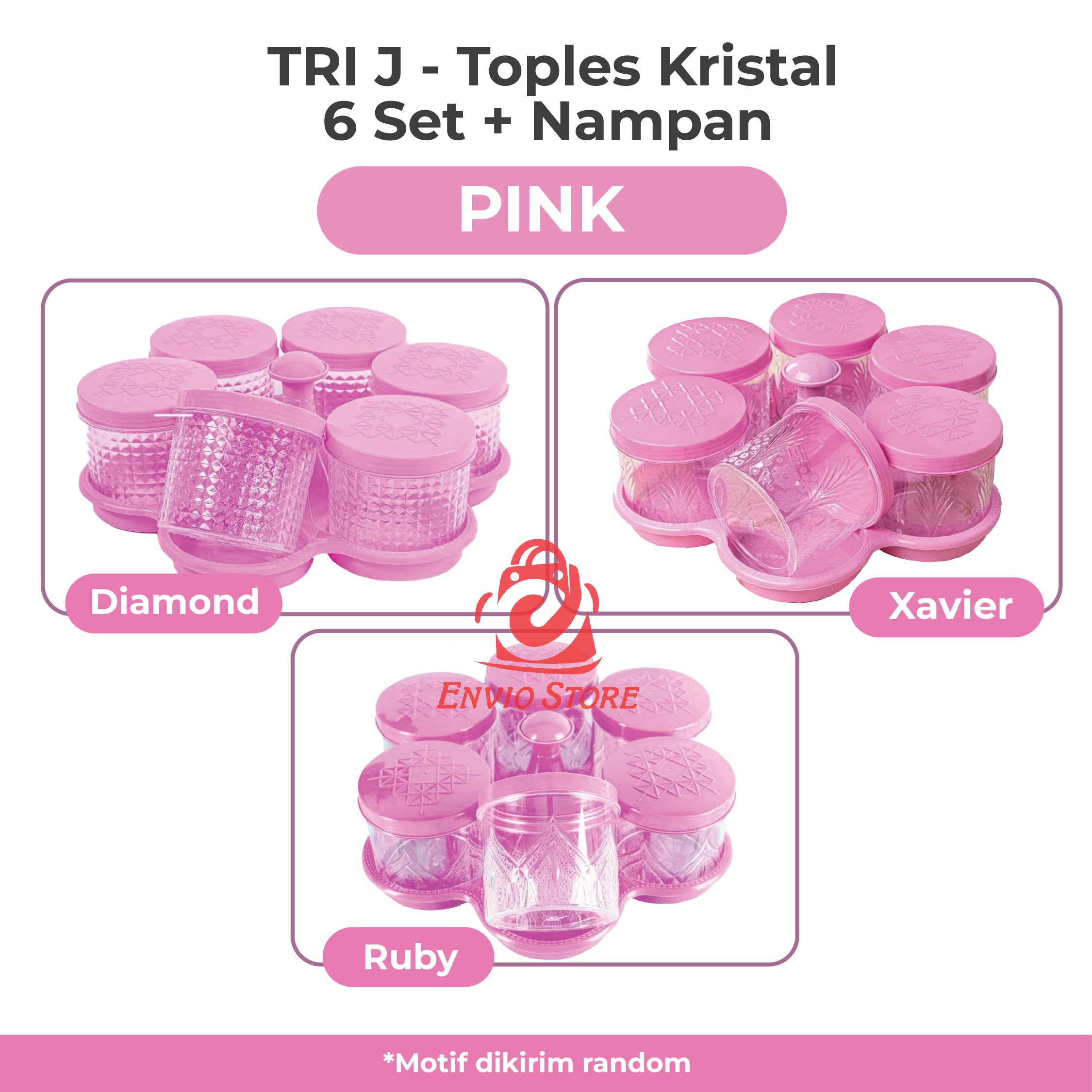 TRI J - Toples Kristal 6 Set + Nampan - PINK (Toples Snack Lebaran)