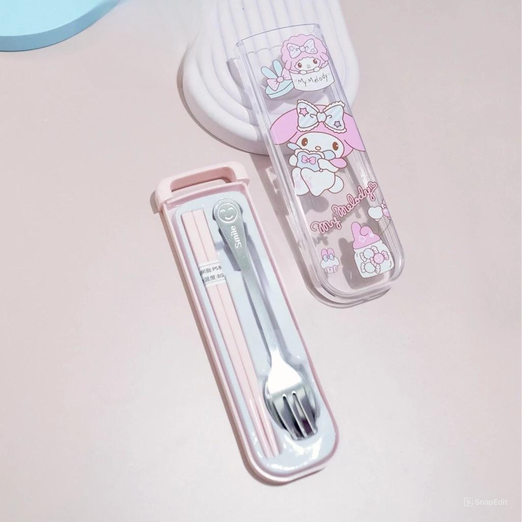 Alat Set Makan Sanrio 3in1 - MY MELODY PINK (Sendok + Garpu + Sumpit) / Alat Makan Stainless With Case
