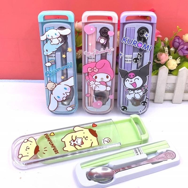 Alat Set Makan Sanrio 3in1 - MY MELODY PINK (Sendok + Garpu + Sumpit) / Alat Makan Stainless With Case