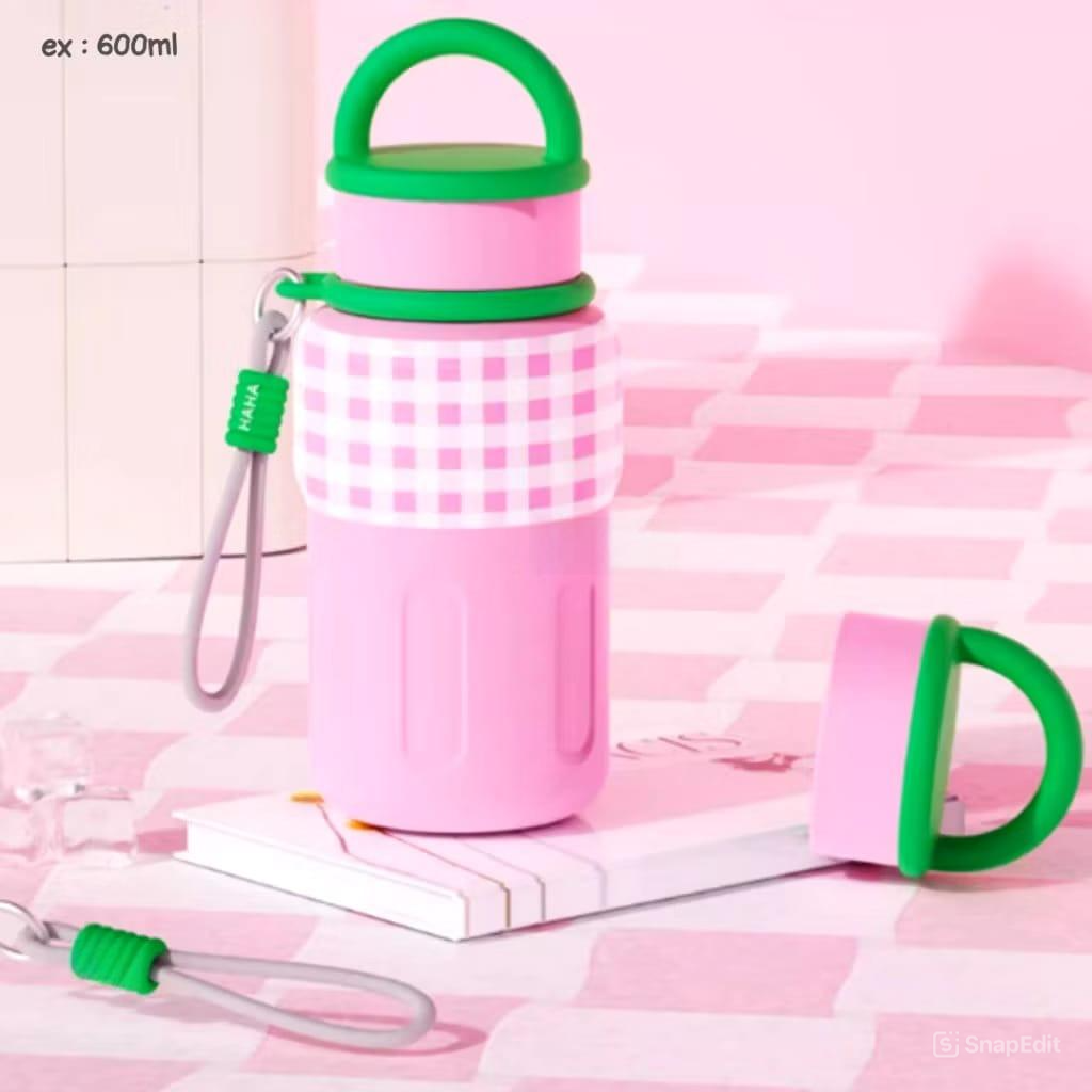 Botol Minum Tumbler Stainless MOTIF KOTAK 600ml - PINK (Botol Portable + Tali Strap) (ST9159)