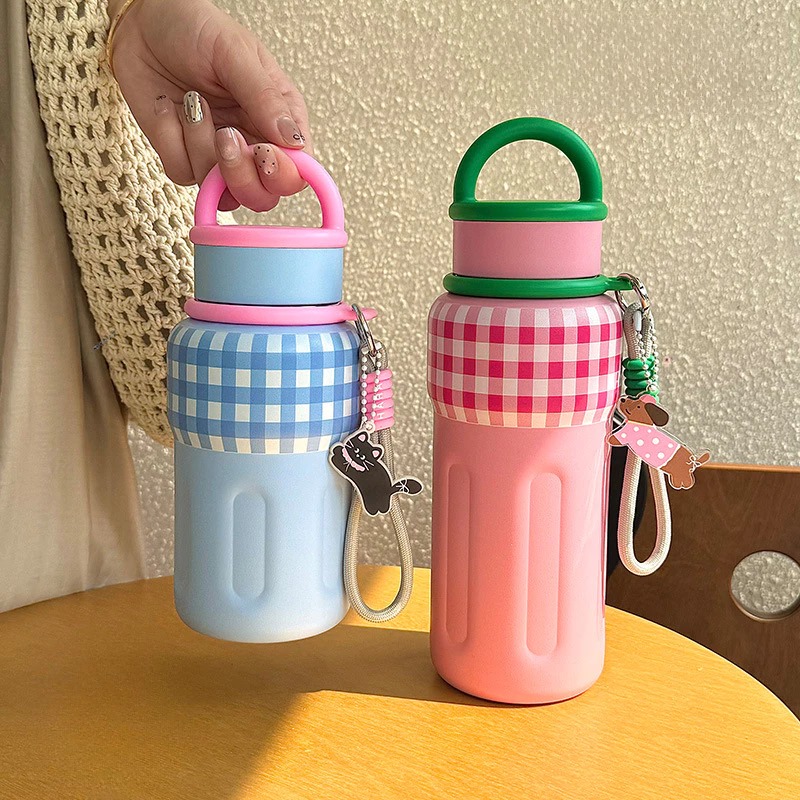 Botol Minum Tumbler Stainless MOTIF KOTAK 600ml - PINK (Botol Portable + Tali Strap) (ST9159)