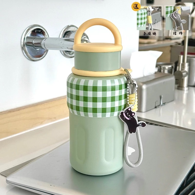 Botol Minum Tumbler Stainless MOTIF KOTAK 600ml - HIJAU (Botol Portable + Keychain) (ST9159)