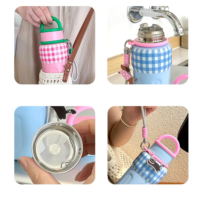 Botol Minum Tumbler Stainless MOTIF KOTAK 600ml - HIJAU (Botol Portable + Keychain) (ST9159)
