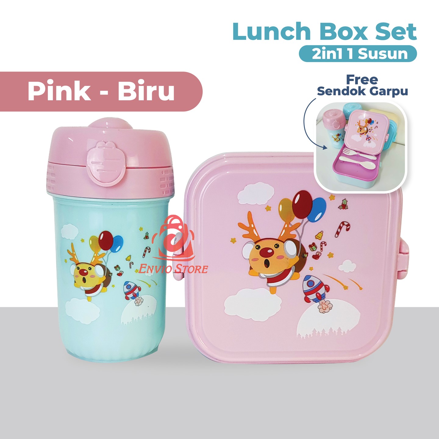 Lunch Box Set 2in1 1 Susun Motif Warna Pastel - BIRU-KUNING (Wadah Bekal + Botol Minum) (TJ92)