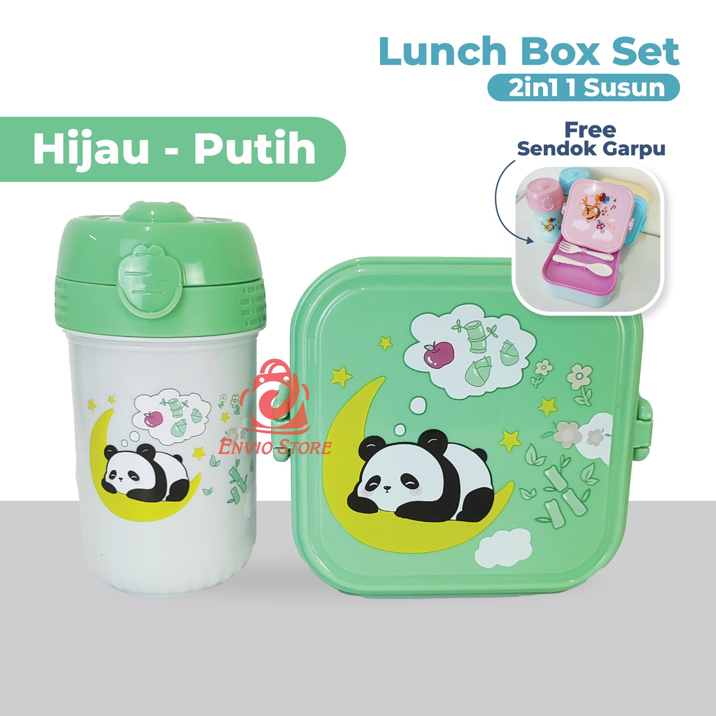 Lunch Box Set 2in1 1 Susun Motif Warna Pastel - BIRU-KUNING (Wadah Bekal + Botol Minum) (TJ92)
