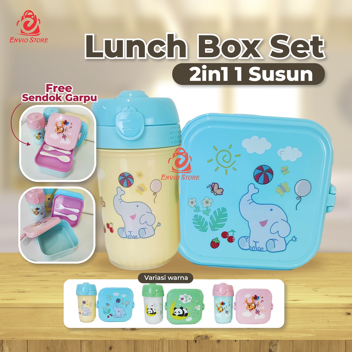 Lunch Box Set 2in1 1 Susun Motif Warna Pastel - HIJAU-PUTIH (Wadah Bekal + Botol Minum) (TJ92)