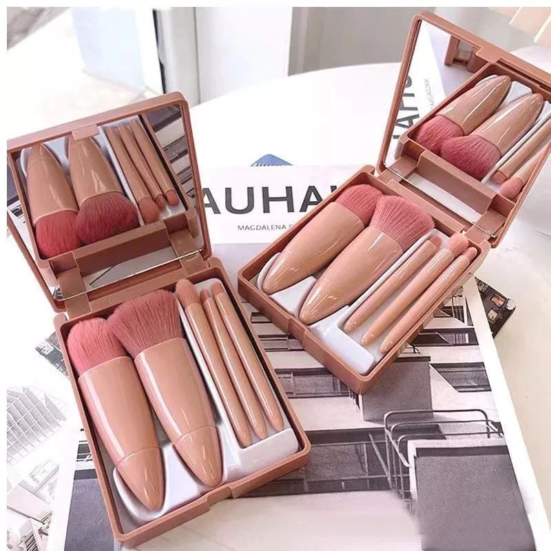 Kuas Makeup 5in1 + Cermin - PINK MUDA (Brush Makeup Set Portable With Box)