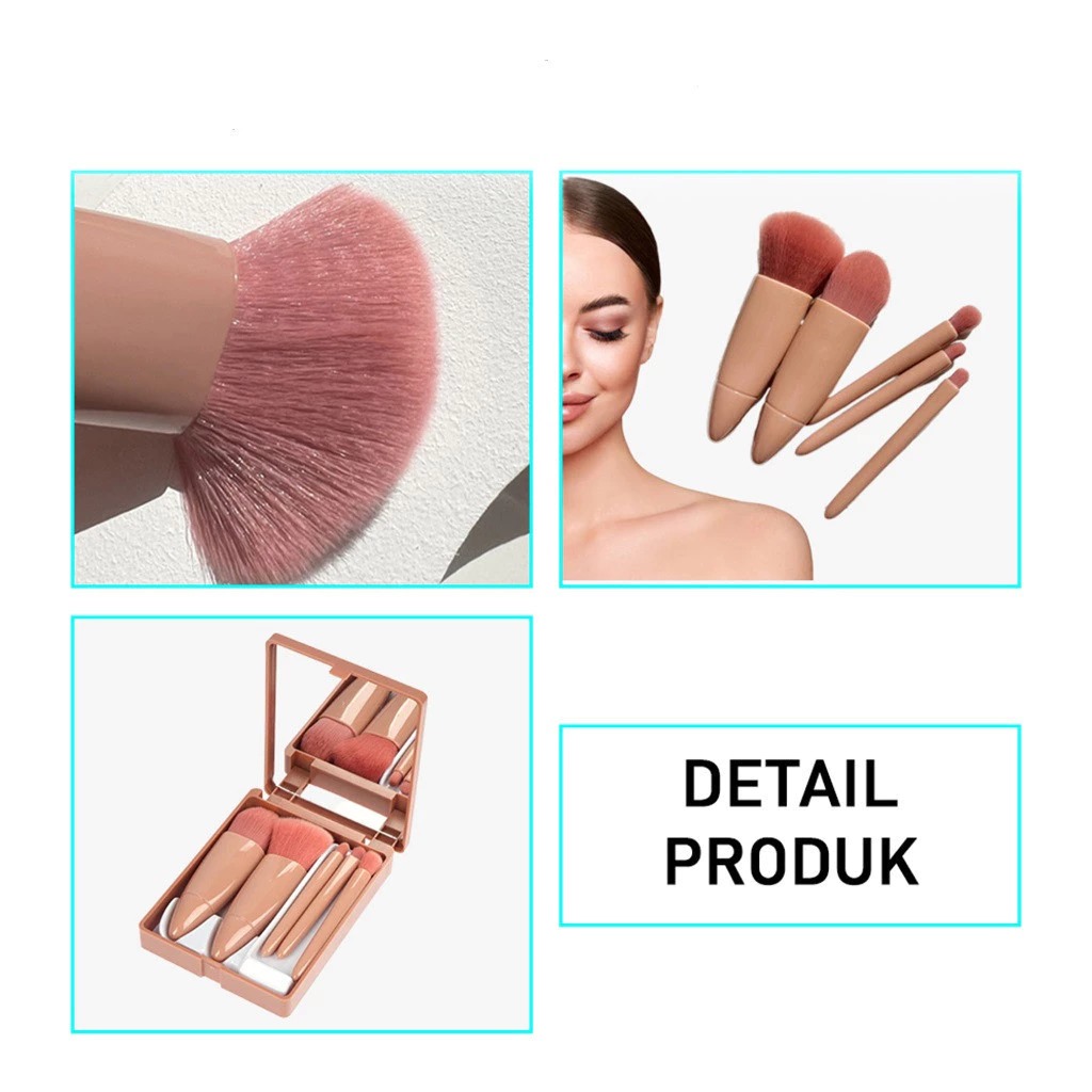 Kuas Makeup 5in1 + Cermin - PINK MUDA (Brush Makeup Set Portable With Box)