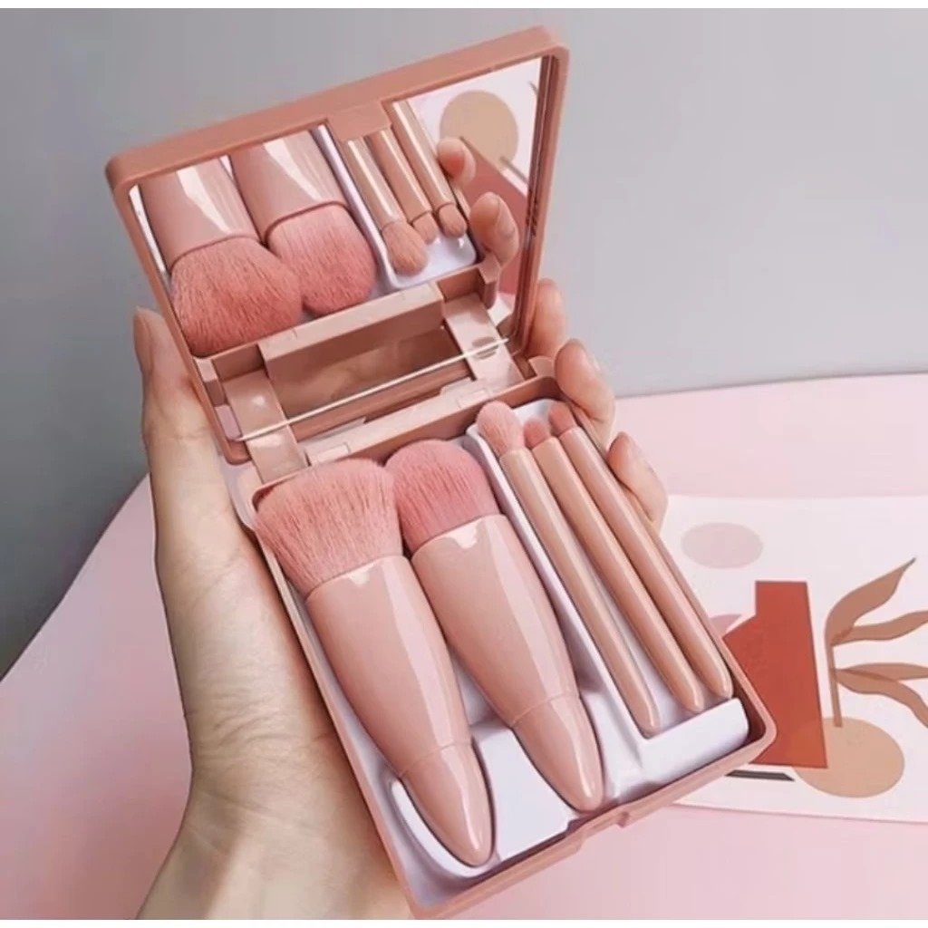 Kuas Makeup 5in1 + Cermin - PINK TUA (Brush Makeup Set Portable With Box)