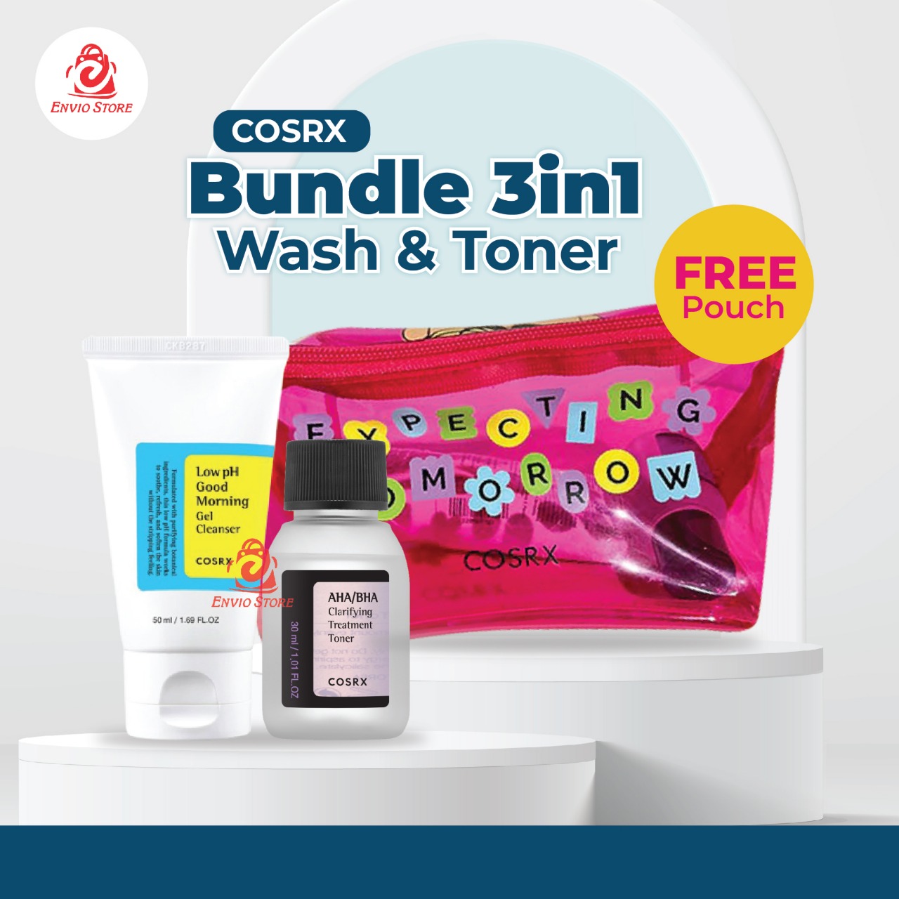 COSRX Bundle 3in1 Wash & Toner - (Low pH Gel Cleanser 50ml + AHA/BHA Toner 30ml + Free Pouch)