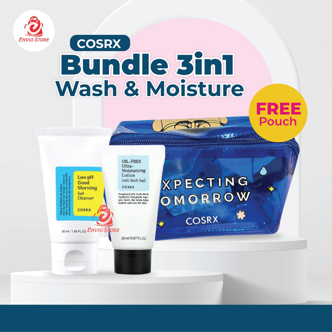 COSRX Bundle 3in1 Wash & Moisture - (Low pH Gel Cleanser 50ml + Oil-Free Ultra Moisturizing Lotion 20ml + Free Pouch)
