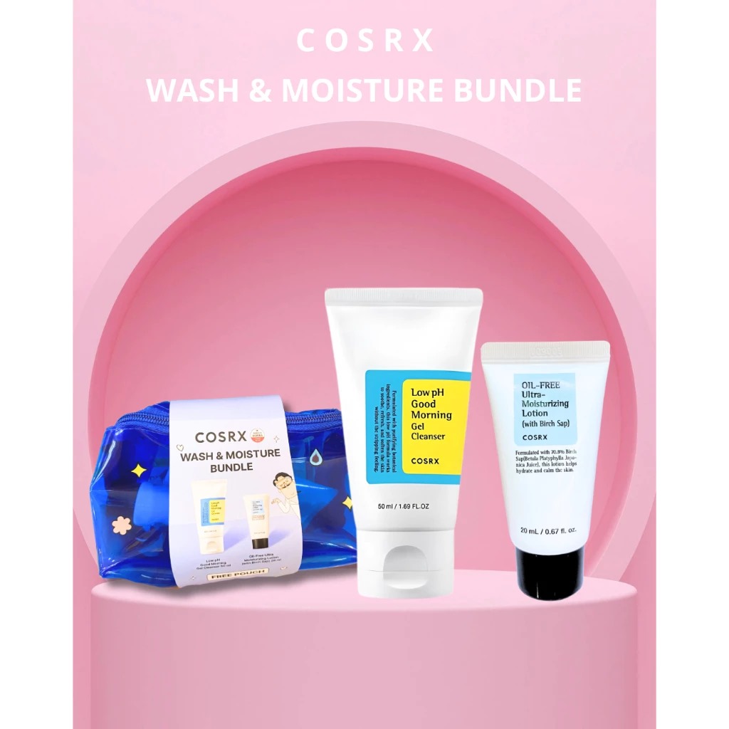 COSRX Bundle 3in1 Wash & Moisture - (Low pH Gel Cleanser 50ml + Oil-Free Ultra Moisturizing Lotion 20ml + Free Pouch)