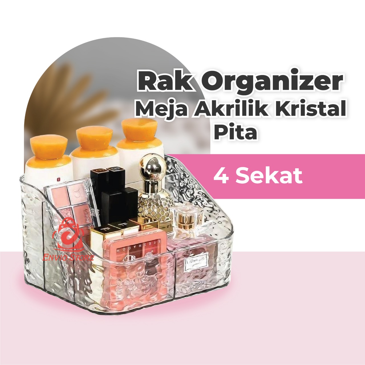 Rak Organizer Meja Akrilik Kristal Pita 4 Sekat