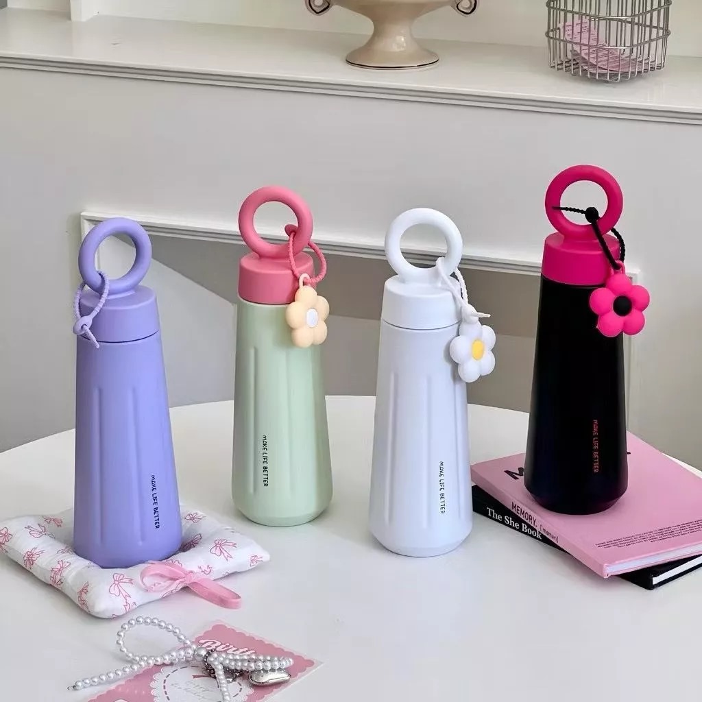 Tumbler Stainless Aesthetic Flower Charm 450ml - PUTIH (Botol Minum) (2029)