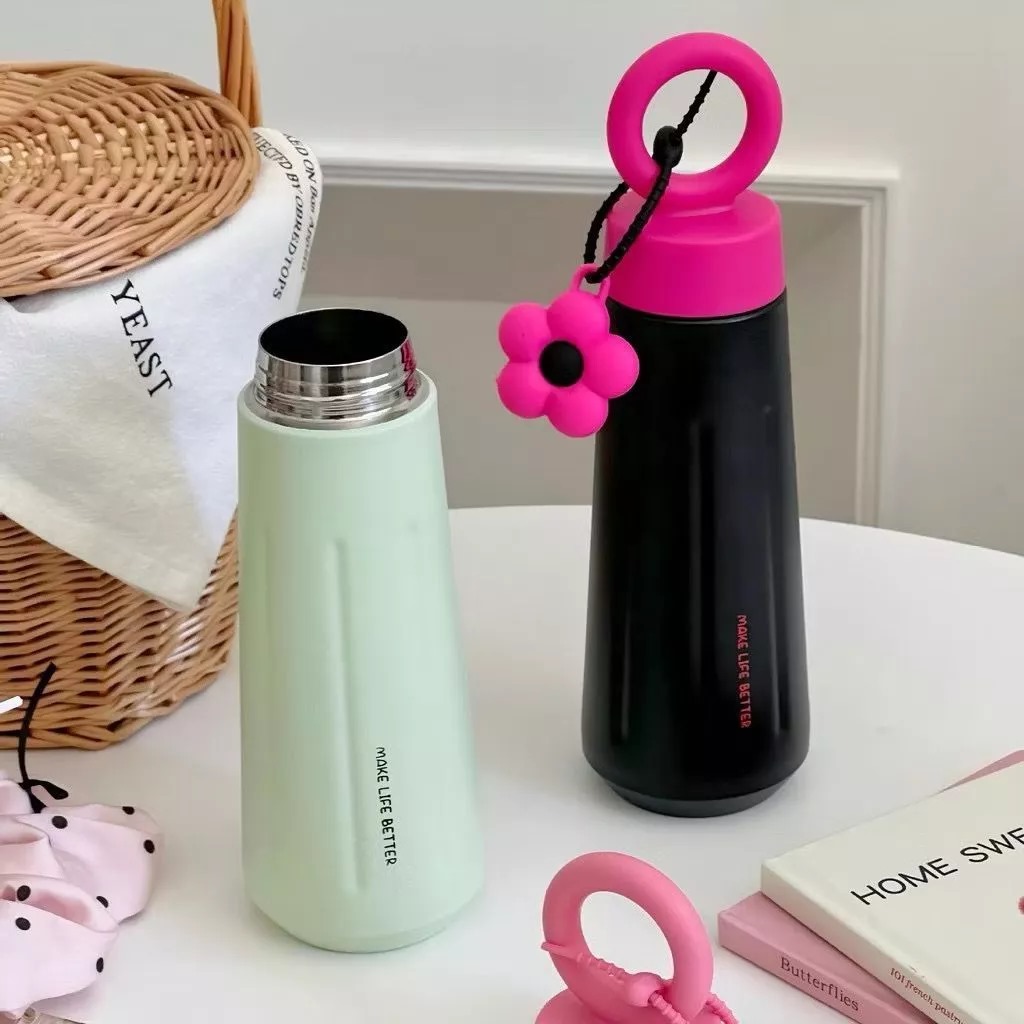 Tumbler Stainless Aesthetic Flower Charm 450ml - PUTIH (Botol Minum) (2029)