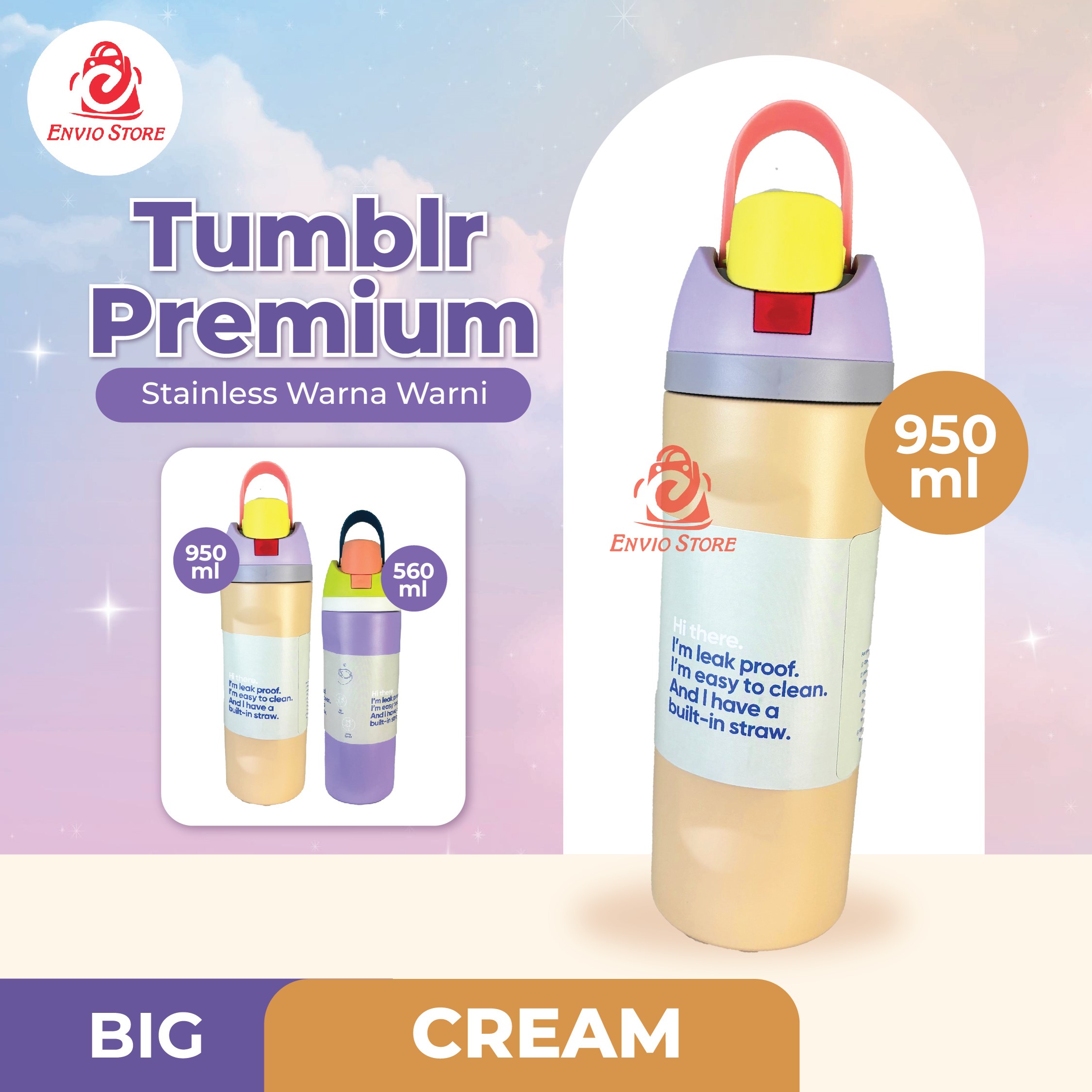 (BIG) Tumblr Premium Stainless Warna Warni 950ml (2378) - CREAM (Botol Tahan Panas Dingin)