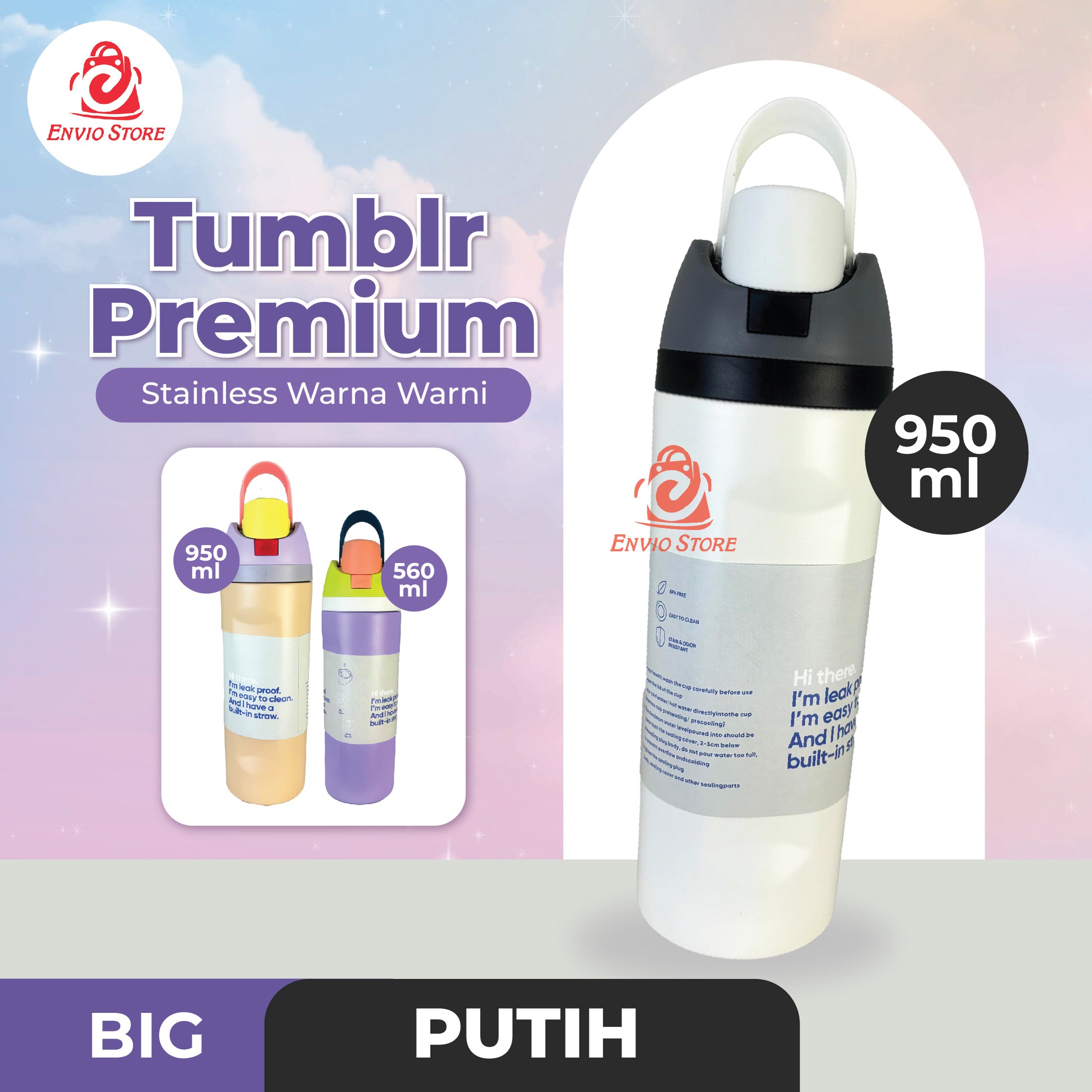(BIG) Tumblr Premium Stainless Warna Warni 950ml (2378) - PUTIH (Botol Tahan Panas Dingin)