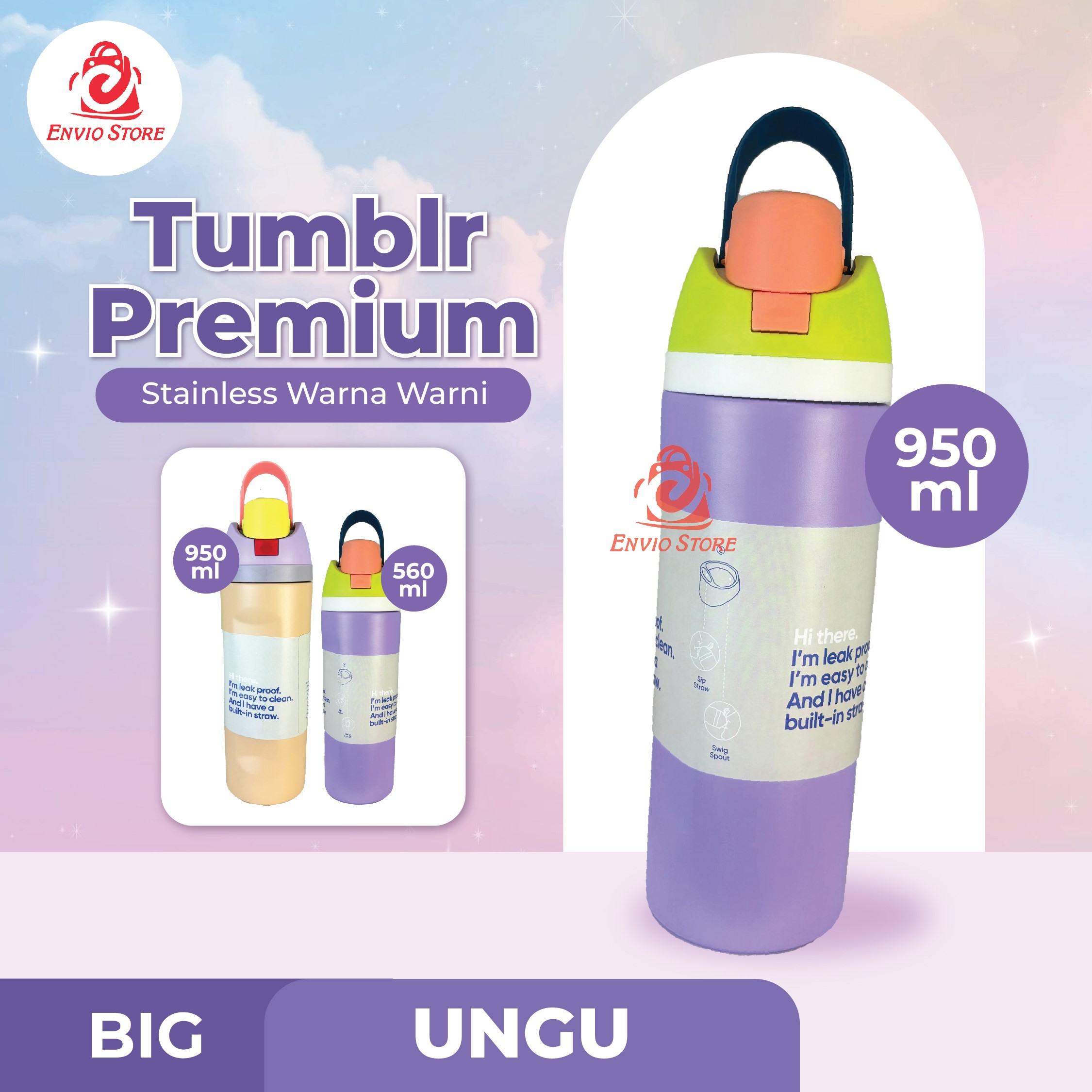 (BIG) Tumblr Premium Stainless Warna Warni 950ml (2378) - UNGU (Botol Tahan Panas Dingin)