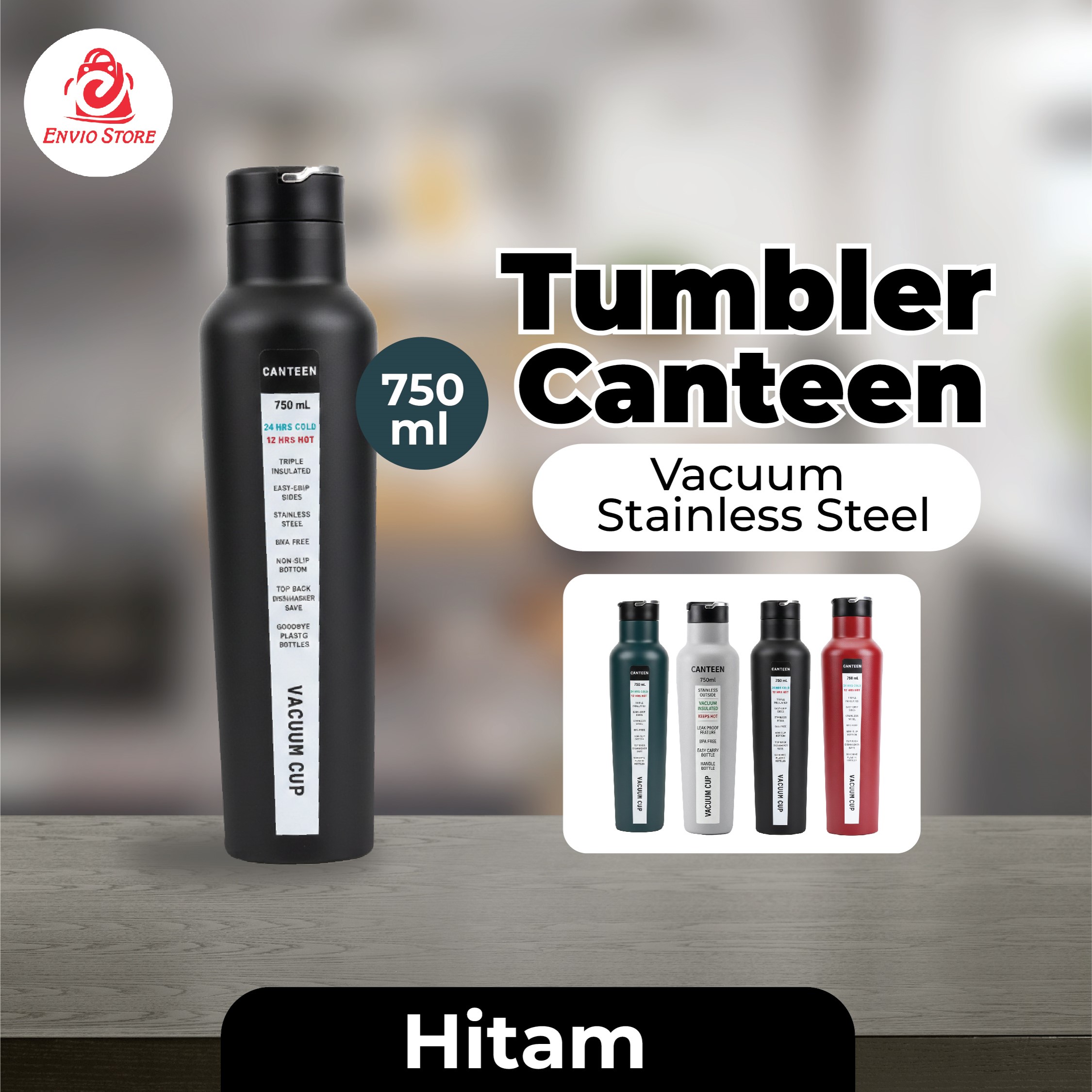 Tumbler Canteen Vacuum Stainless Steel 750ml – HITAM (Botol Minum Tahan Panas & Dingin)