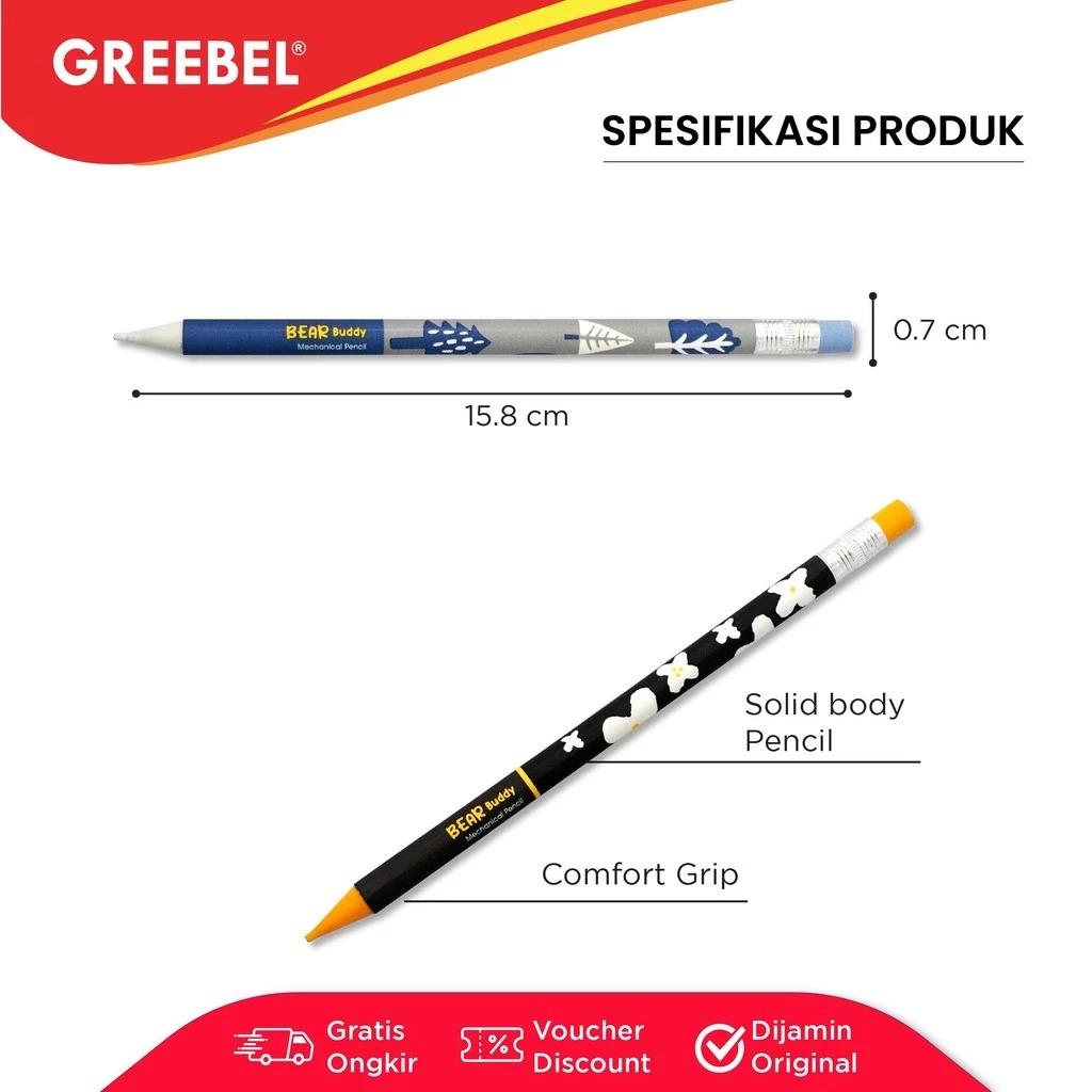 GREEBEL Mechanical Pencil 0.5mm - (Bear Buddy PM-007) Pensil Mekanik Berkualitas