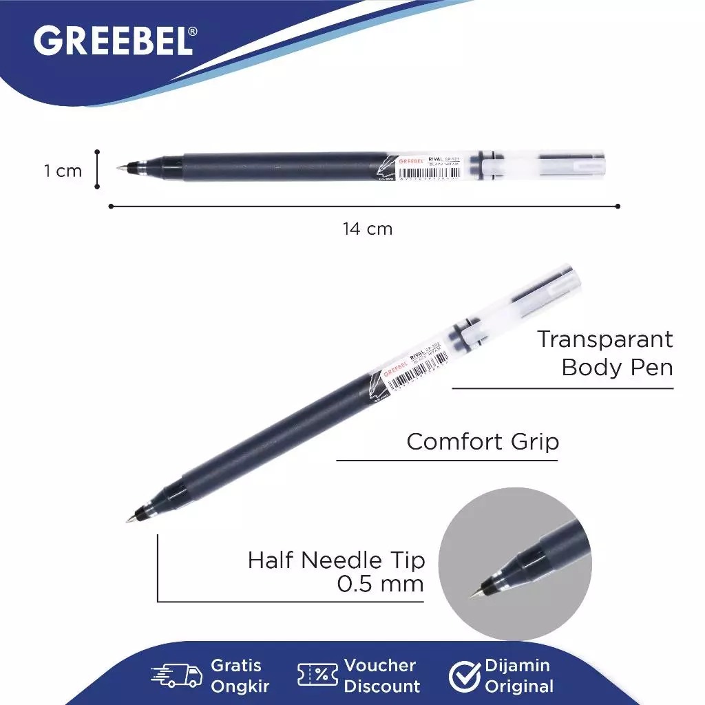 GREEBEL Gel Pen 0.5mm - GP502 RIVAL BLACK (Pulpen Gel Tinta Halus Nyaman Digunakan)