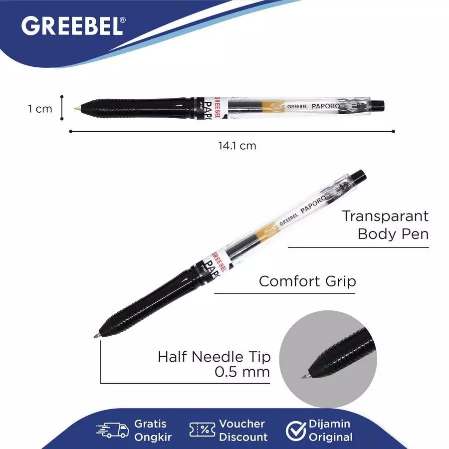 GREEBEL Gel Pen 0.5mm - GP507 PAPORO BLACK (Pulpen Gel Tinta Halus Nyaman Digunakan)