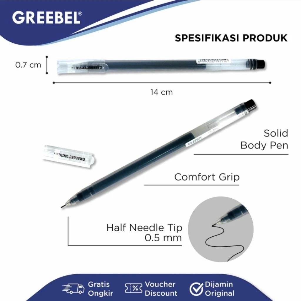 GREEBEL Gel Pen 0.5mm - GP520 CRYSTAL (Pulpen Gel Tinta Halus Nyaman Digunakan)