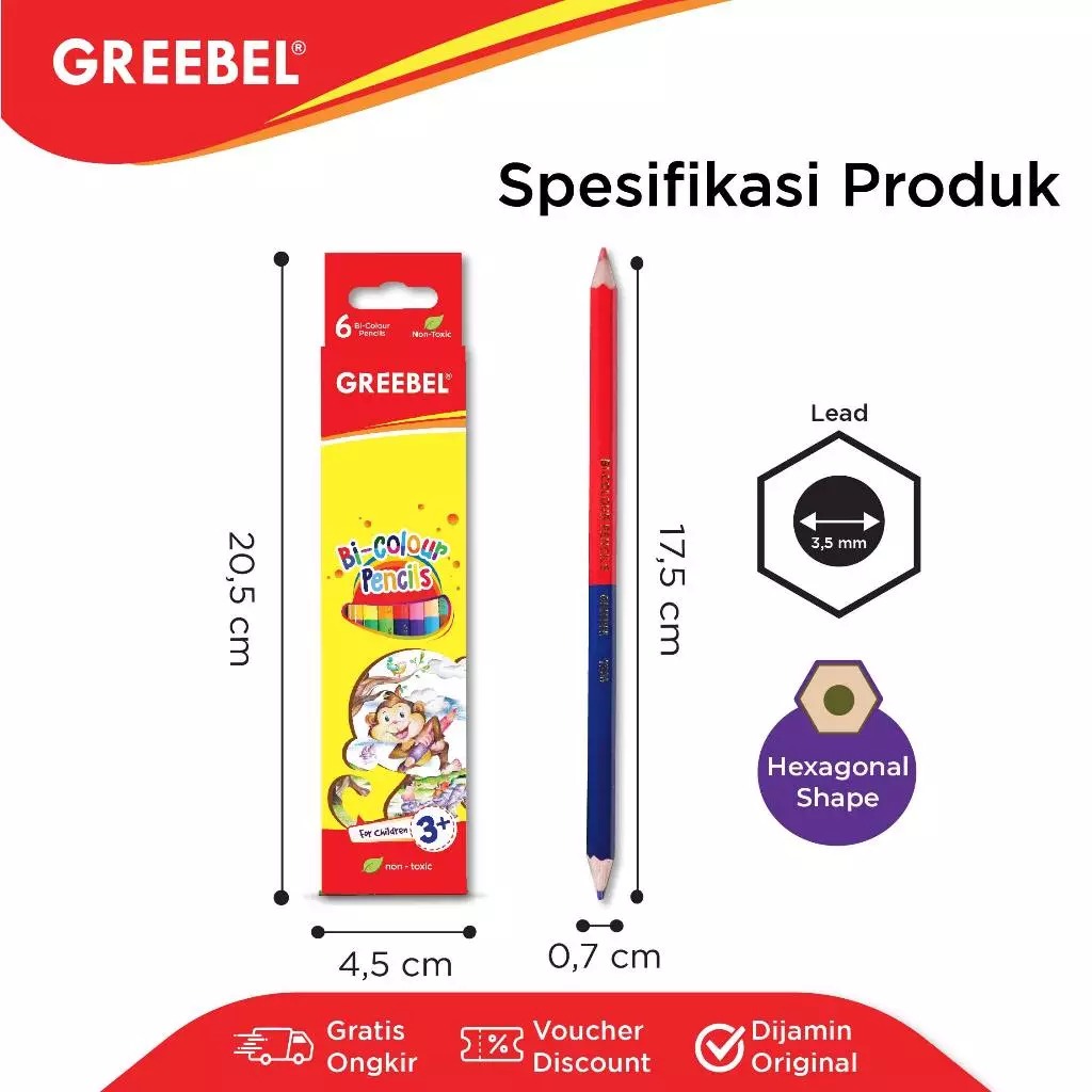 GREEBEL BI Colour Pencils 2in1 7206 - 12C (6 Pencils) 1 Pensil 2 Warna Original & Berkualitas