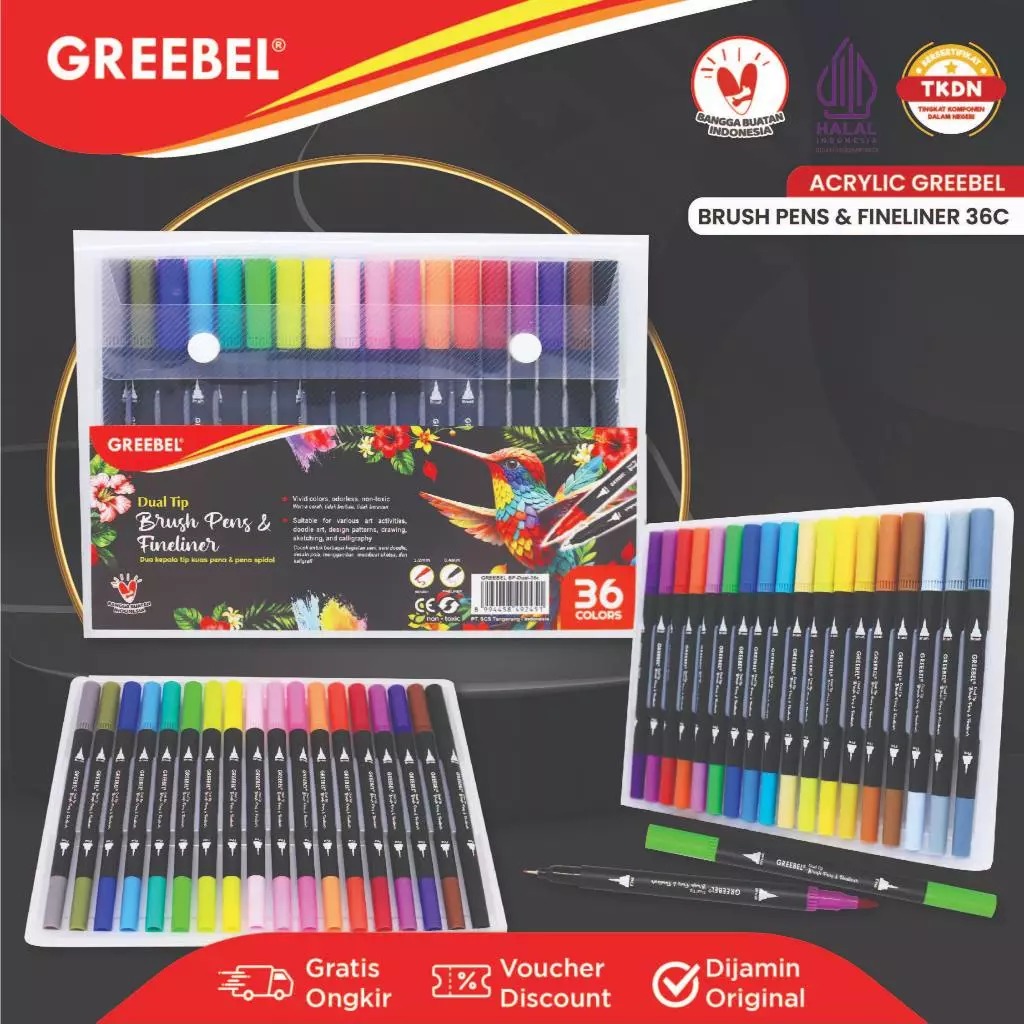 GREEBEL Dual Tip Brush Pen & Fineliner - 36C (Pena Kuas Warna Lettering & Sketsa)