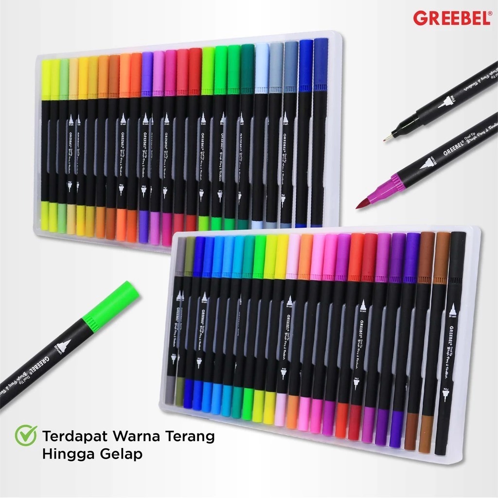GREEBEL Dual Tip Brush Pen & Fineliner - 24C (Pena Kuas Warna Lettering & Sketsa)