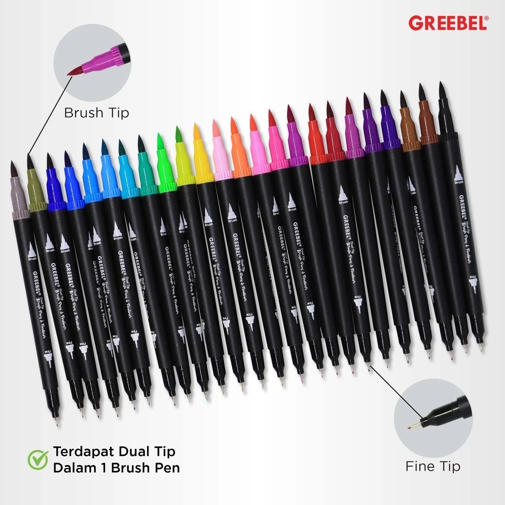 GREEBEL Dual Tip Brush Pen & Fineliner - 24C (Pena Kuas Warna Lettering & Sketsa)