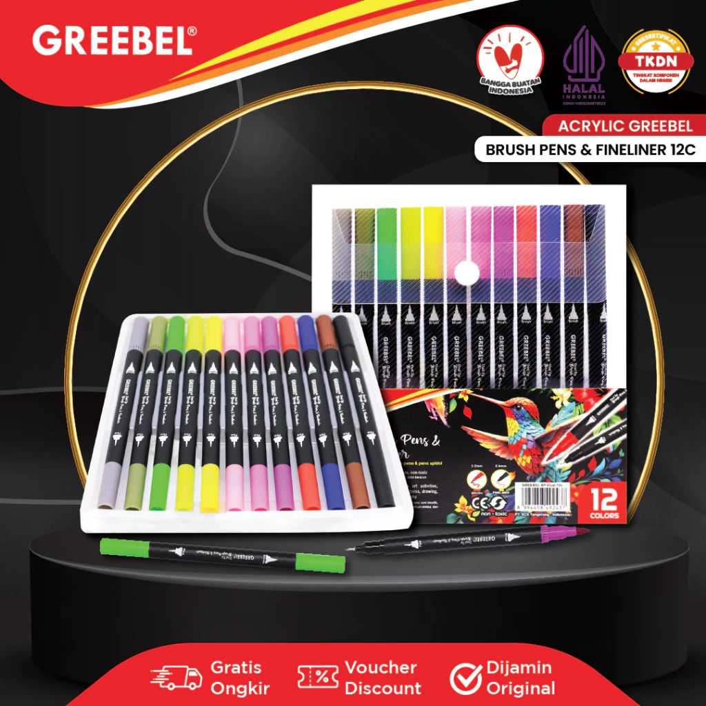 GREEBEL Dual Tip Brush Pen & Fineliner - 12C (Pena Kuas Warna Lettering & Sketsa)