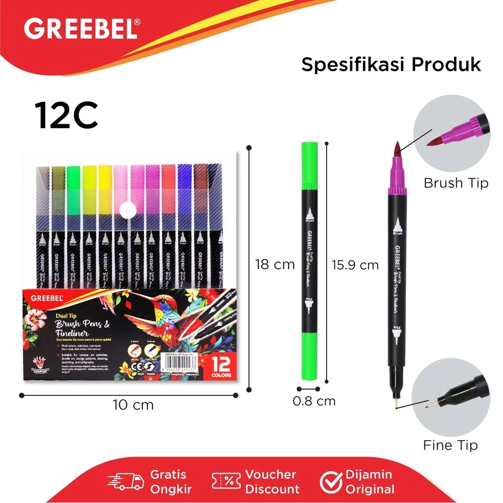 GREEBEL Dual Tip Brush Pen & Fineliner - 12C (Pena Kuas Warna Lettering & Sketsa)