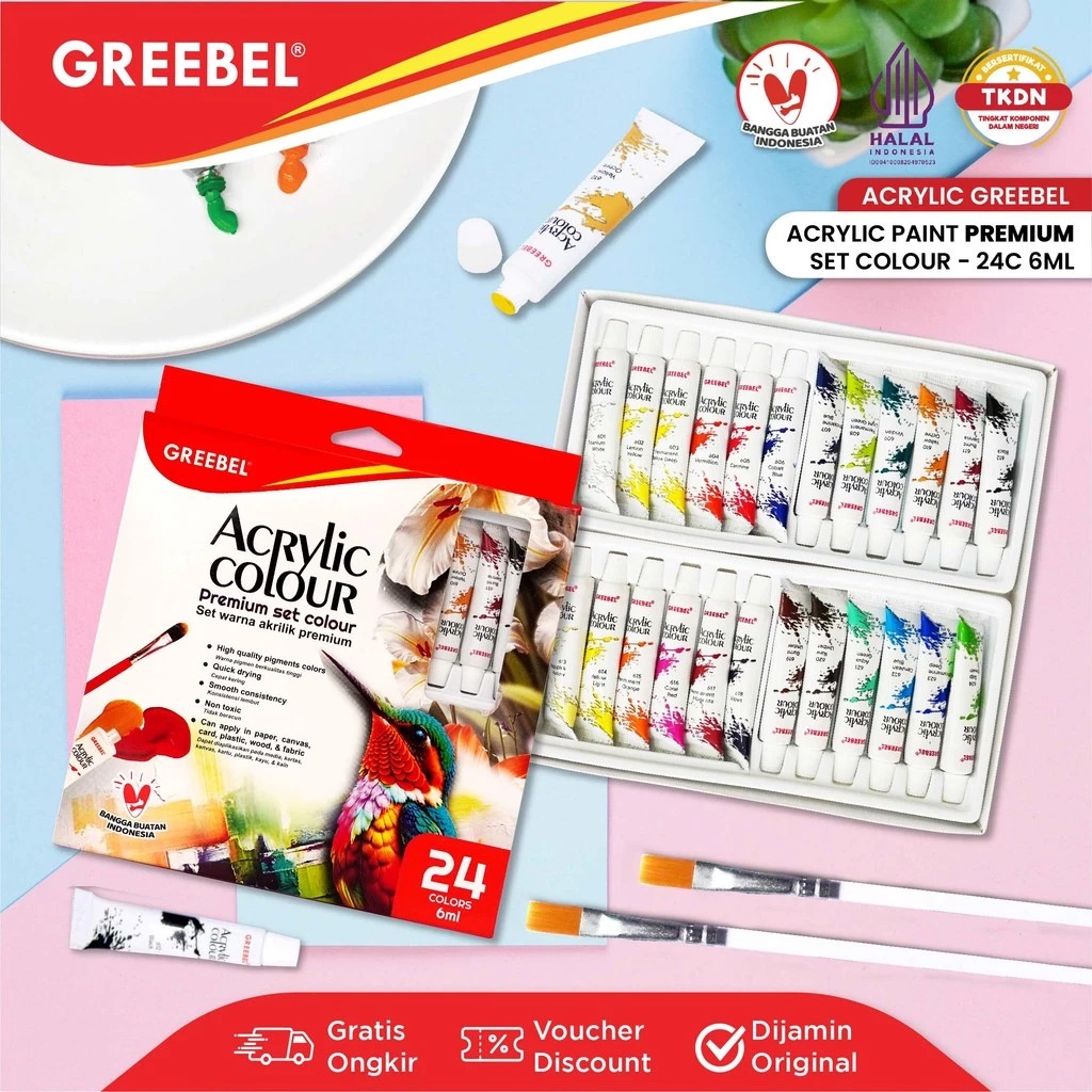 GREEBEL Acrylic Paint Colour Set - 24Cx6ml (Pilihan Warna Lengkap Cat Warna Akrilik)