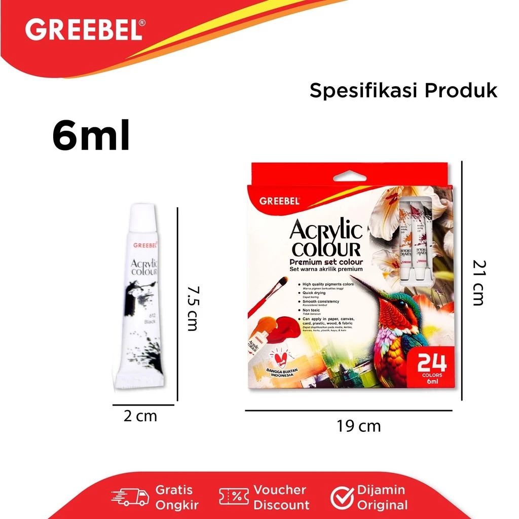 GREEBEL Acrylic Paint Colour Set - 24Cx6ml (Pilihan Warna Lengkap Cat Warna Akrilik)
