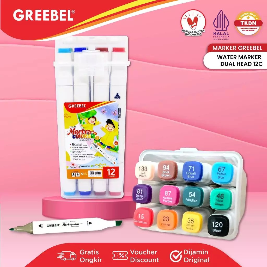 GREEBEL Water Marker 2in1 Dual Head - 12C (Spidol Warna Warni 1 Set 2 Ujung)