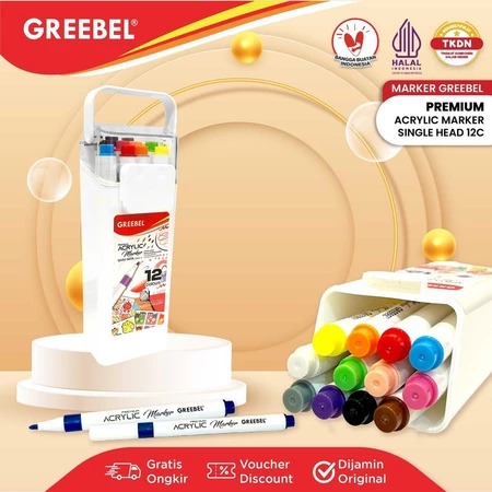 GREEBEL Premium Acrylic Marker Single Head 1 Set - 12C (Spidol Akrilik 1 Ujung Tahan Lama)