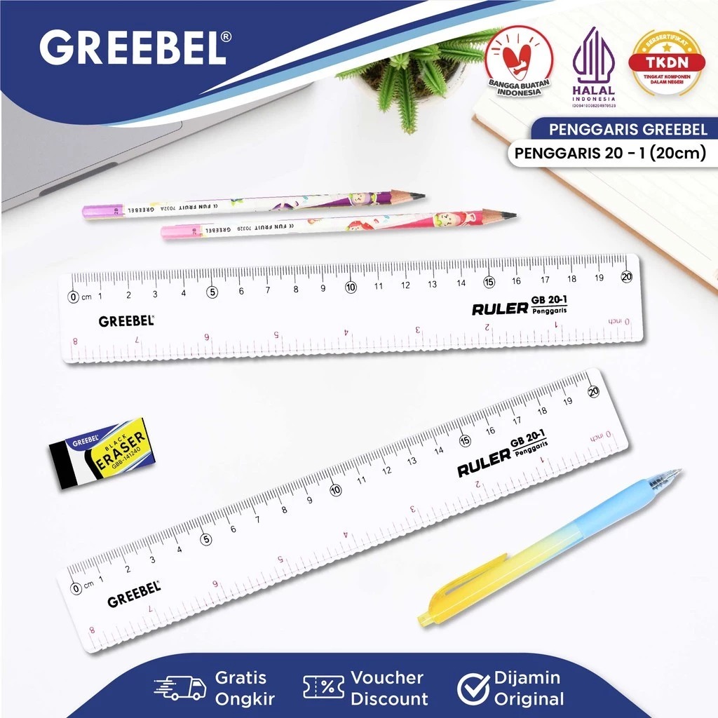 GREEBEL Ruler / Penggaris Plastik Transparan - 20cm (20-1) Alat Ukur Presisi & Praktis