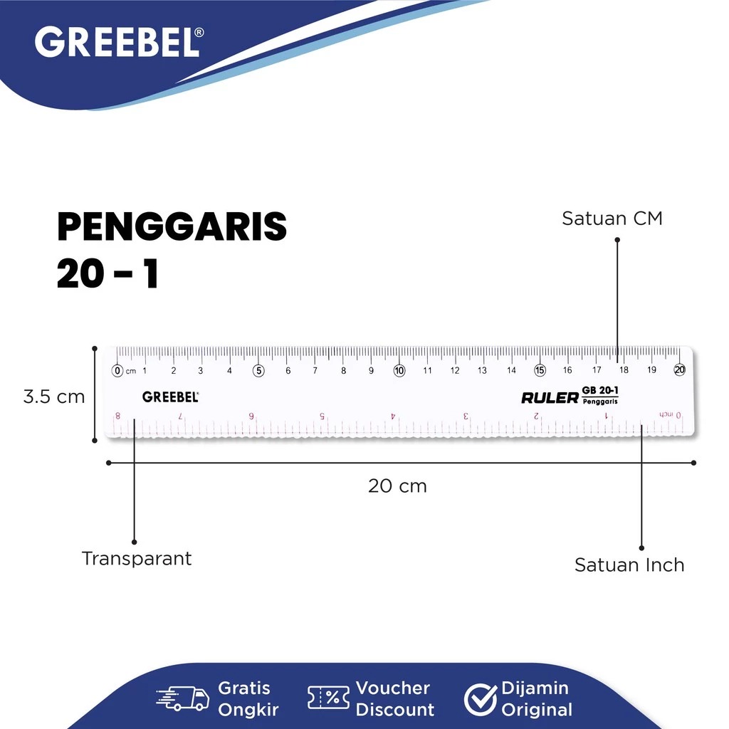 GREEBEL Ruler / Penggaris Plastik Transparan - 20cm (20-1) Alat Ukur Presisi & Praktis