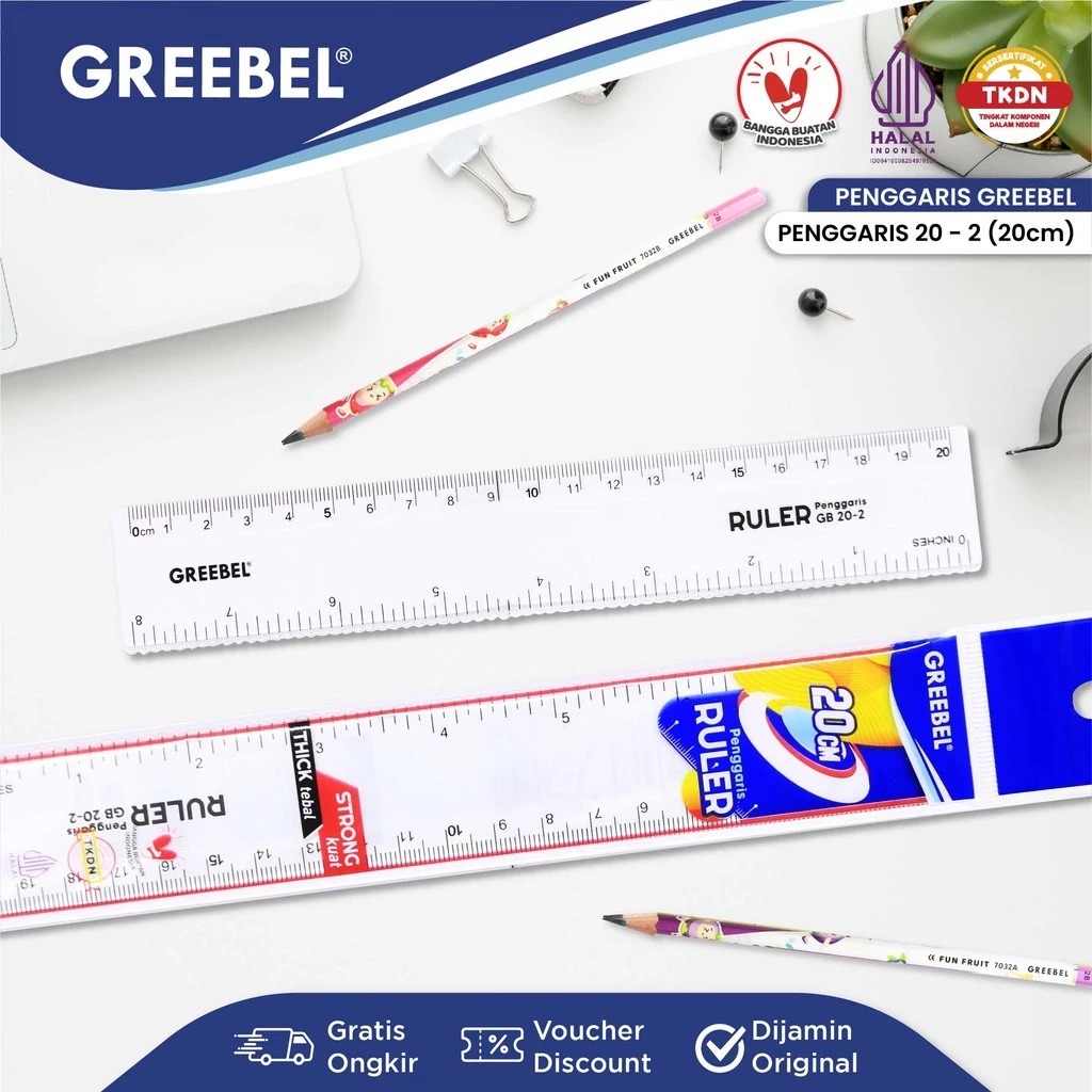 GREEBEL Ruler / Penggaris Plastik Transparan - 20cm (20-2) Alat Ukur Presisi & Praktis