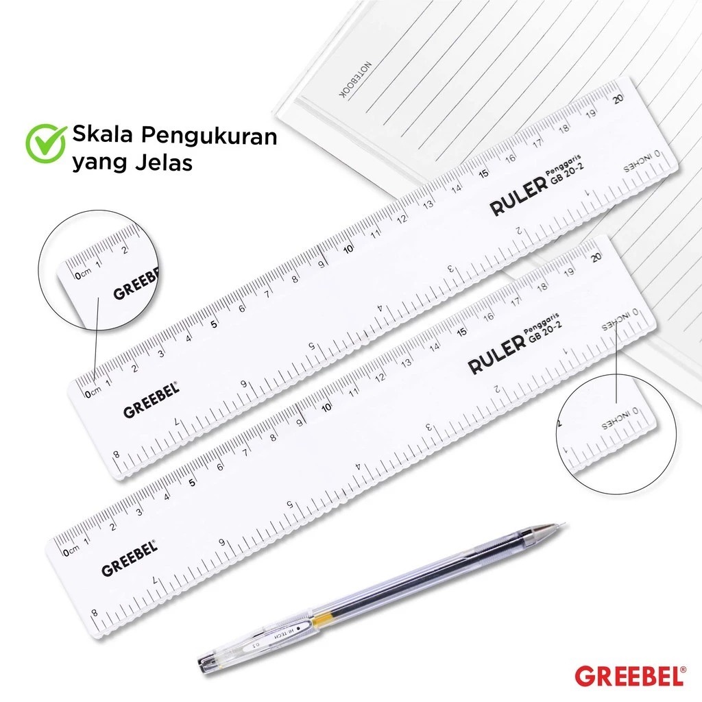 GREEBEL Ruler / Penggaris Plastik Transparan - 20cm (20-2) Alat Ukur Presisi & Praktis