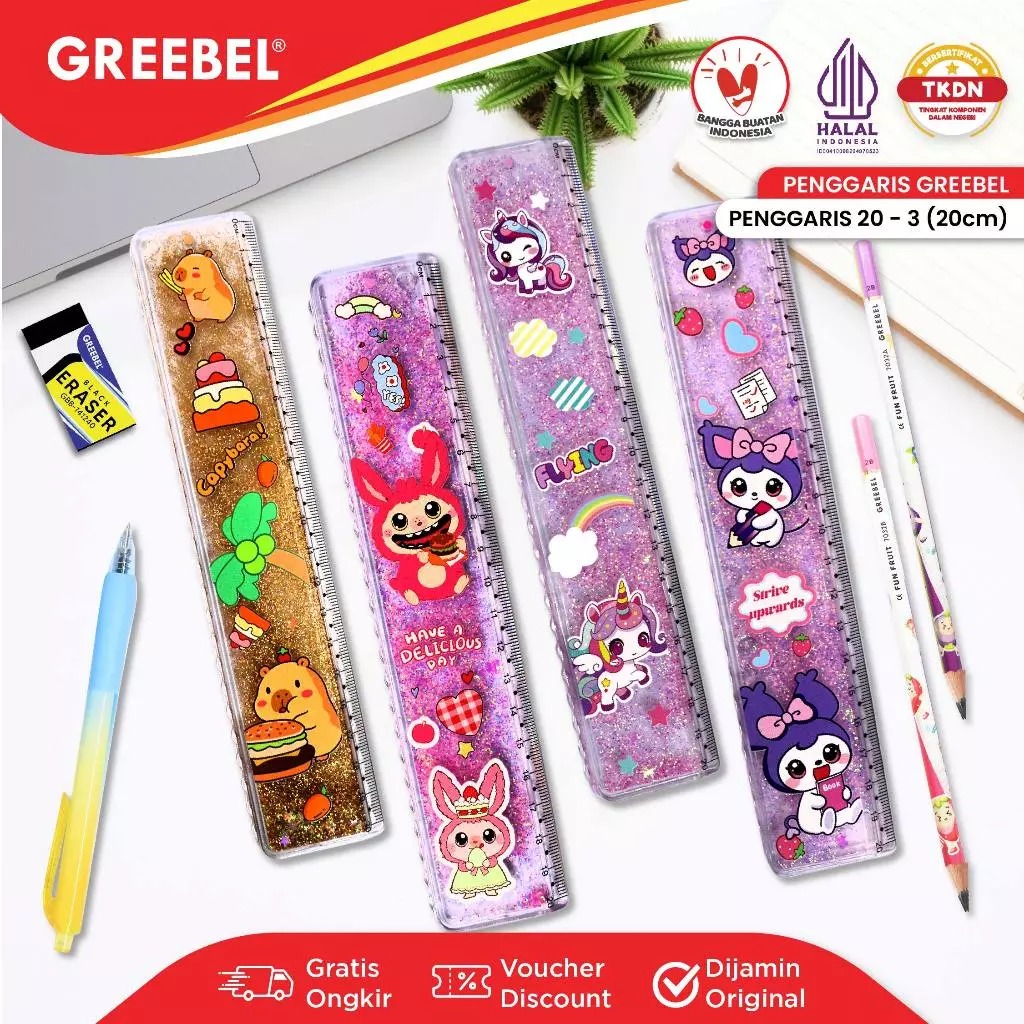 GREEBEL Penggaris Anak Karakter Air Glitter 20cm - Ruler Glitter (20-3) Penggaris Karakter Lucu