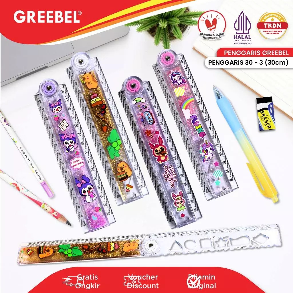 GREEBEL Penggaris Lipat Karakter Glitter 30cm - Ruler Foldable Glitter (30-3) Penggaris Karakter Lucu
