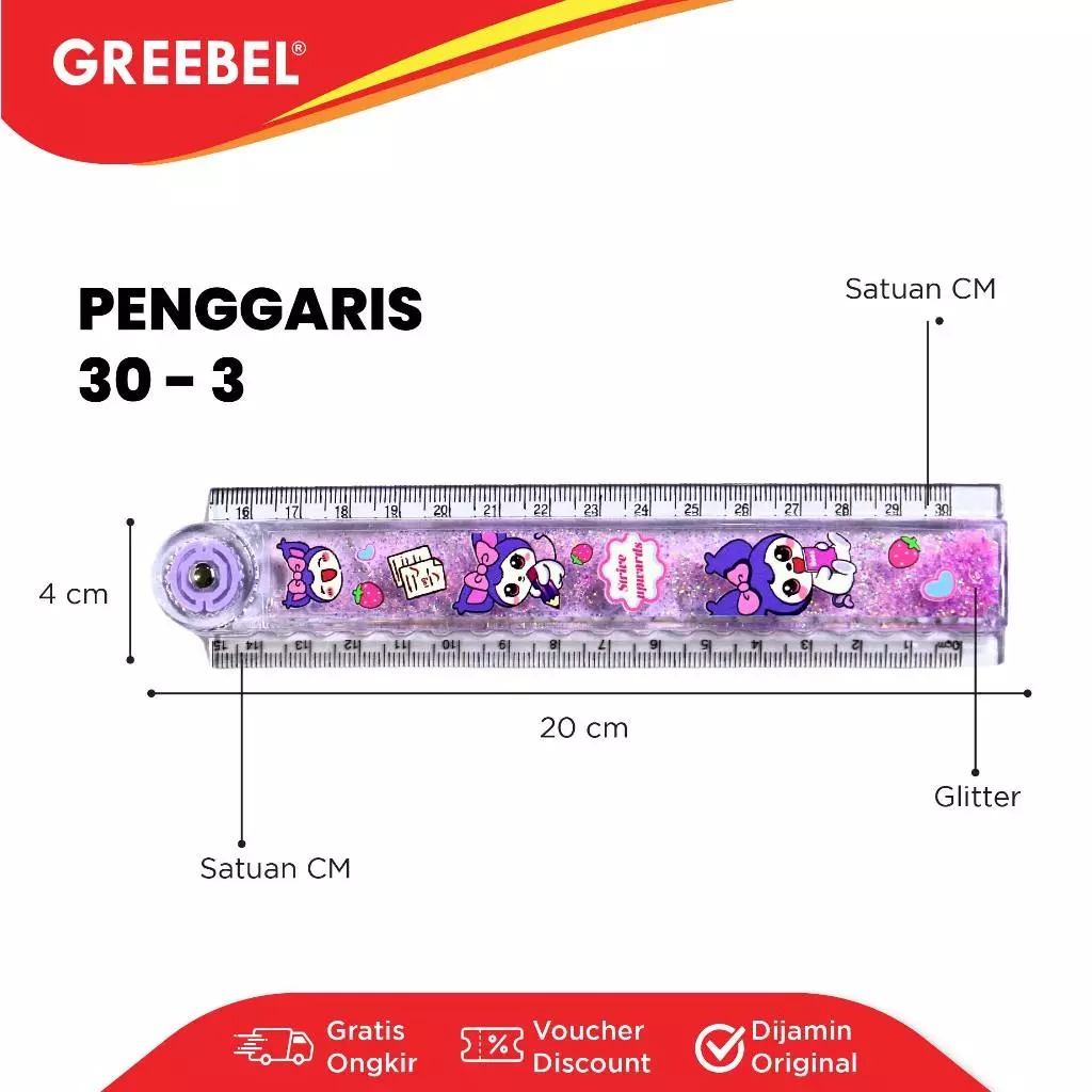 GREEBEL Penggaris Lipat Karakter Glitter 30cm - Ruler Foldable Glitter (30-3) Penggaris Karakter Lucu