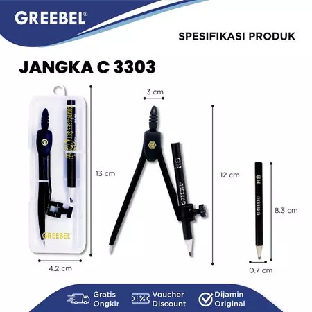 GREEBEL Jangka Set Plus Pensil 2in1 Compass Stainless Stell - C3303 (1 Set Jangka + Pensil)
