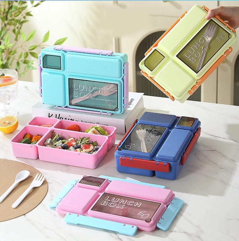 Lunch Box Bento 4 Sekat 1200ml + Free Sendok Garpu - KUNING PASTEL (5555)
