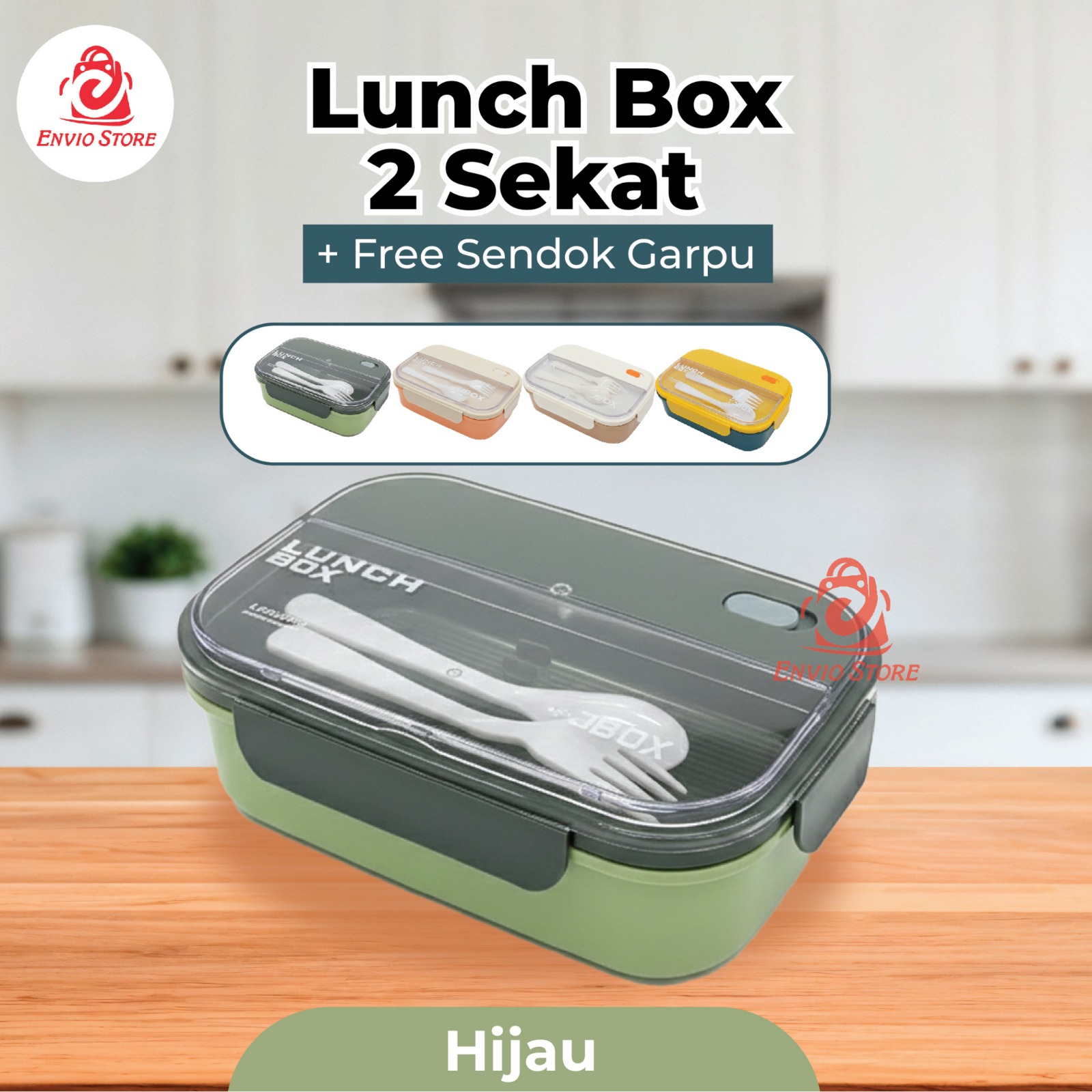 Lunch Box 2 Sekat 1200ml + Free Sendok Garpu - HIJAU (JB002)